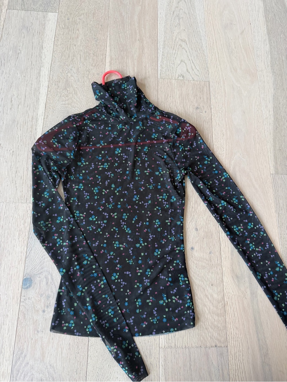 Long Sleeve Floral Mock Neck Top - Black with Teal & Purple